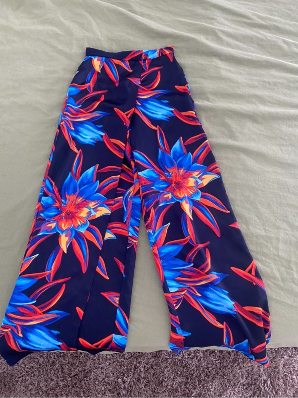 Wide Leg Floral Pants Blue & Red Flowers